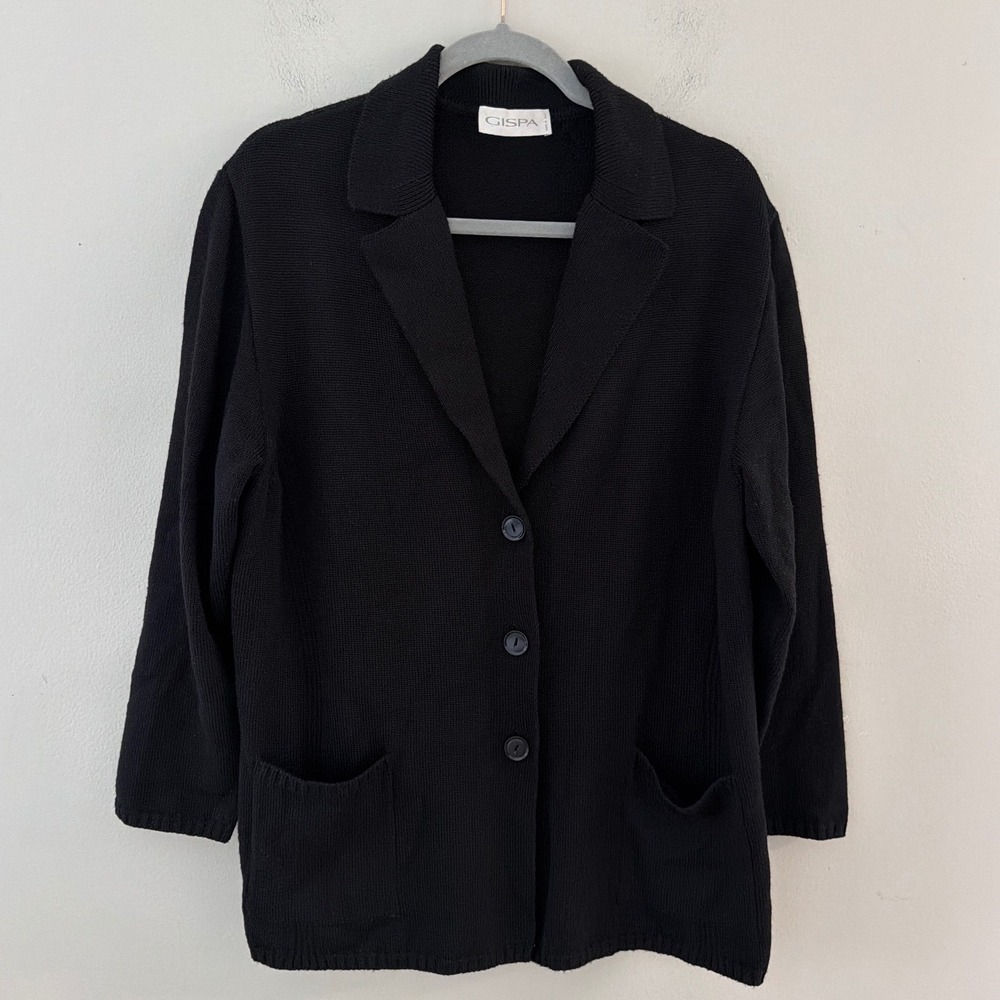 Gispa Italy Black Merino Wool Blend Knit Blazer Cardigan Jacket Womens Large